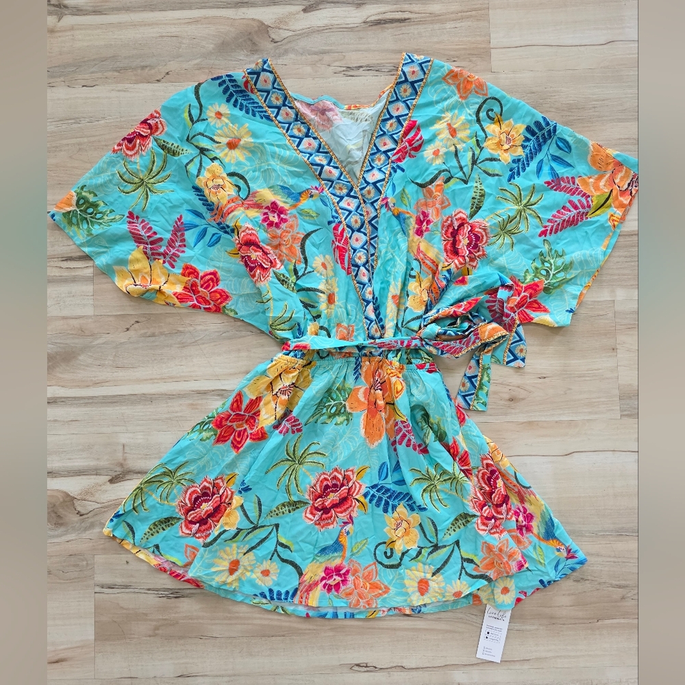 CUPSHE Women's Mini Dress V Neck Floral Half Dolman Sleeeve Belted Loose Fit M